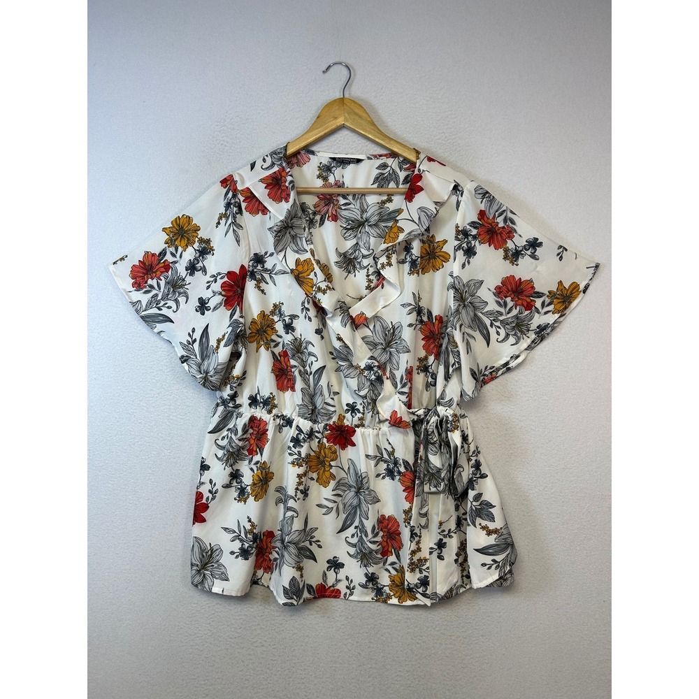 BloomChic Cream Floral Wrap Blouse with Red and Mustard Flowers
